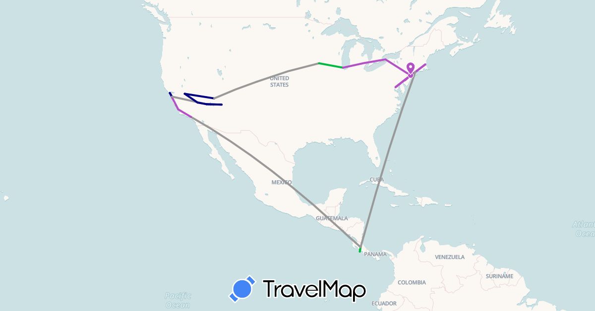 TravelMap itinerary: driving, bus, plane, train in Canada, Costa Rica, United States (North America)